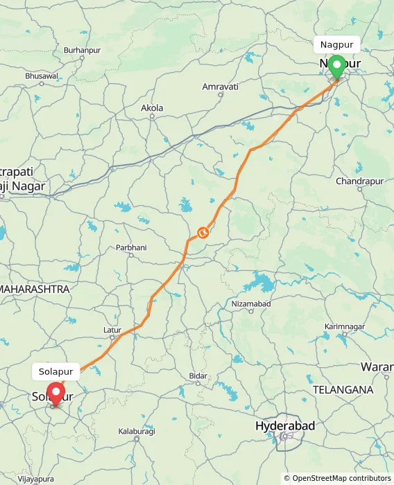 Route map showing distance and travel time from Nagpur, India to Solapur, India