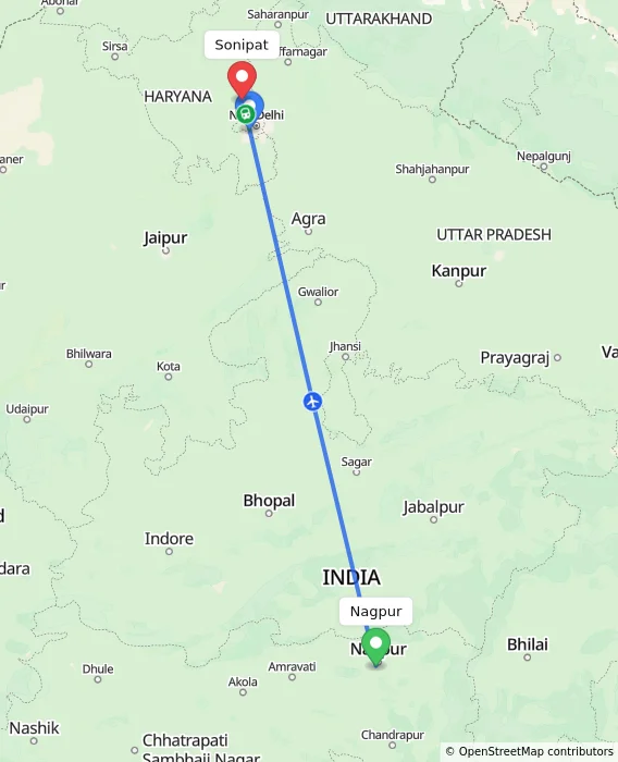 Route map showing distance and travel time from Nagpur, India to Sonipat, India