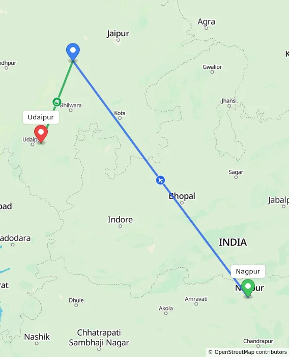 Route map showing distance and travel time from Nagpur, India to Udaipur, India