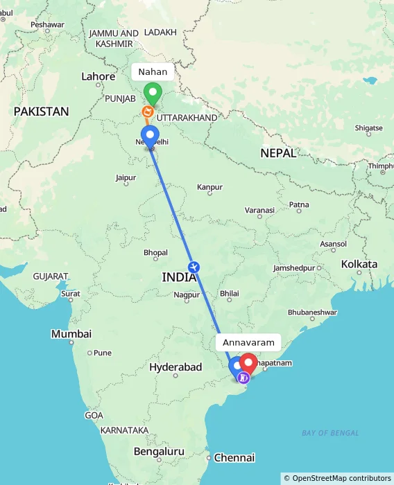 Route map showing distance and travel time from Nahan, India to Annavaram, India