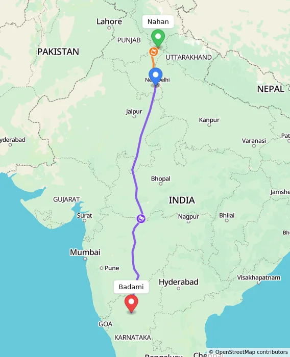 Route map showing distance and travel time from Nahan, India to Badami, India