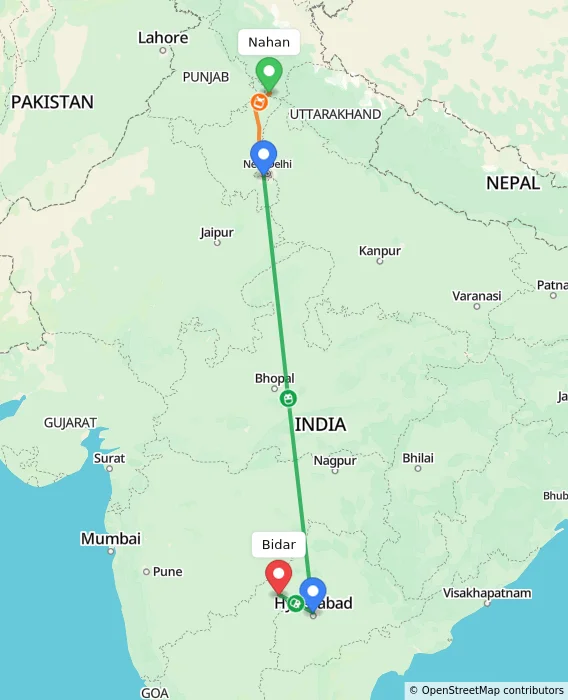 Route map showing distance and travel time from Nahan, India to Bidar, India