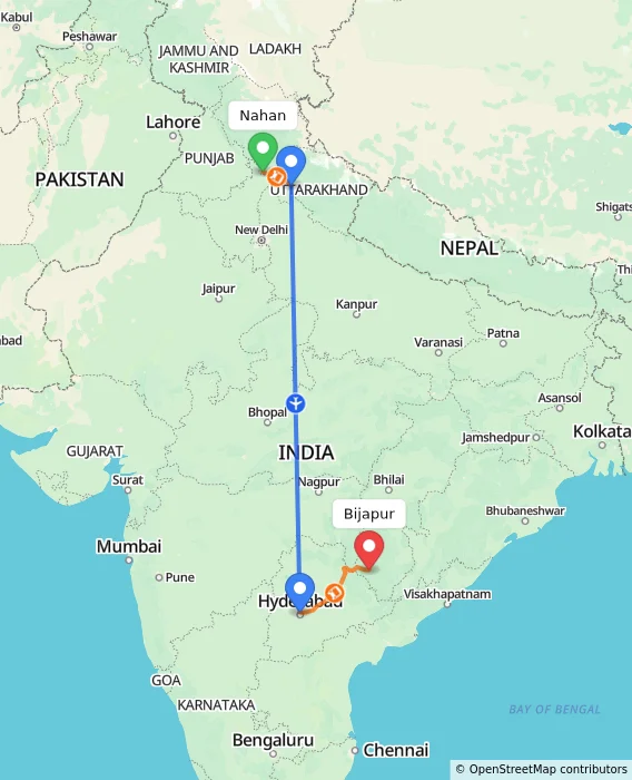 Route map showing distance and travel time from Nahan, India to Bijapur, India