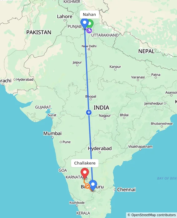 Route map showing distance and travel time from Nahan, India to Challakere, India
