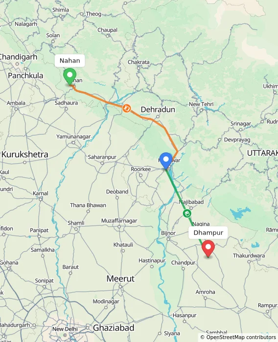 Route map showing distance and travel time from Nahan, India to Dhampur, India