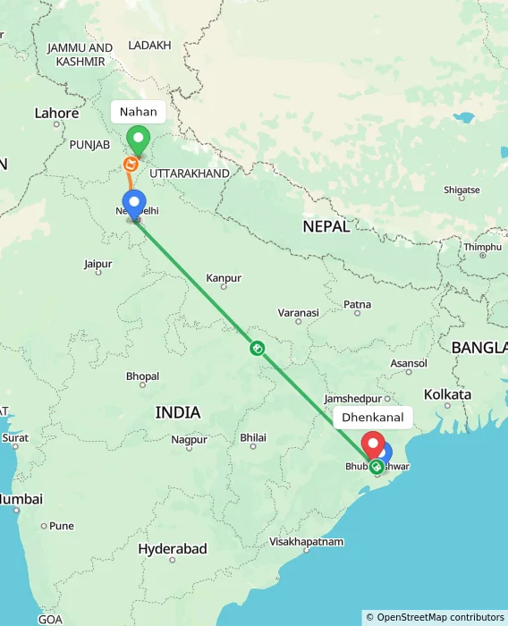 Route map showing distance and travel time from Nahan, India to Dhenkanal, India