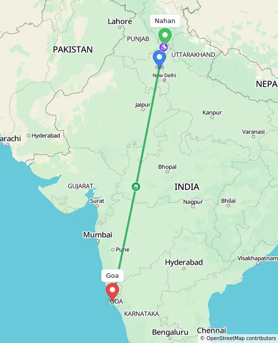 Route map showing distance and travel time from Nahan, India to Goa, India