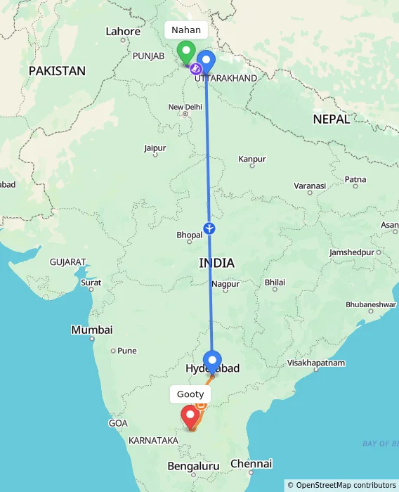Route map showing distance and travel time from Nahan, India to Gooty, India