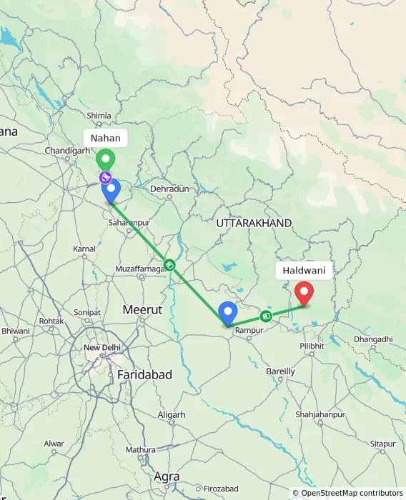 Route map showing distance and travel time from Nahan, India to Haldwani, India