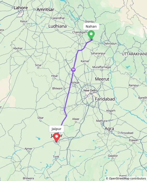 Route map showing distance and travel time from Nahan, India to Jaipur, India