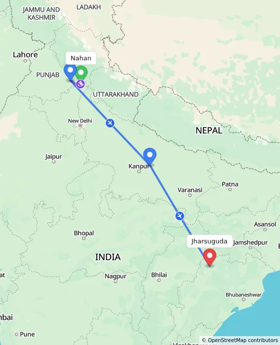 Route map showing distance and travel time from Nahan, India to Jharsuguda, India