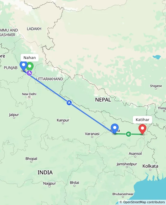 Route map showing distance and travel time from Nahan, India to Katihar, India