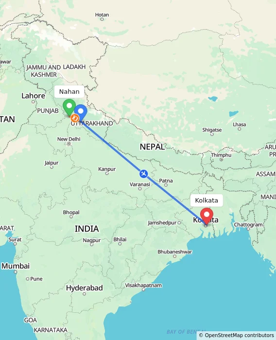 Route map showing distance and travel time from Nahan, India to Kolkata, India