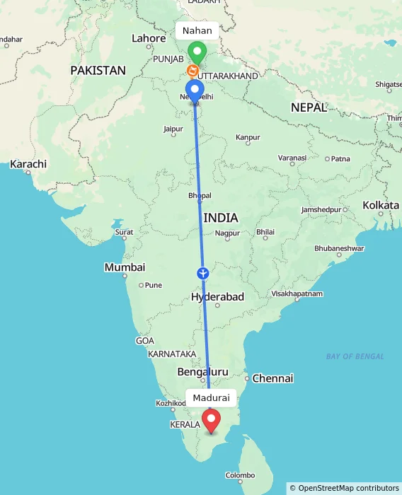 Route map showing distance and travel time from Nahan, India to Madurai, India