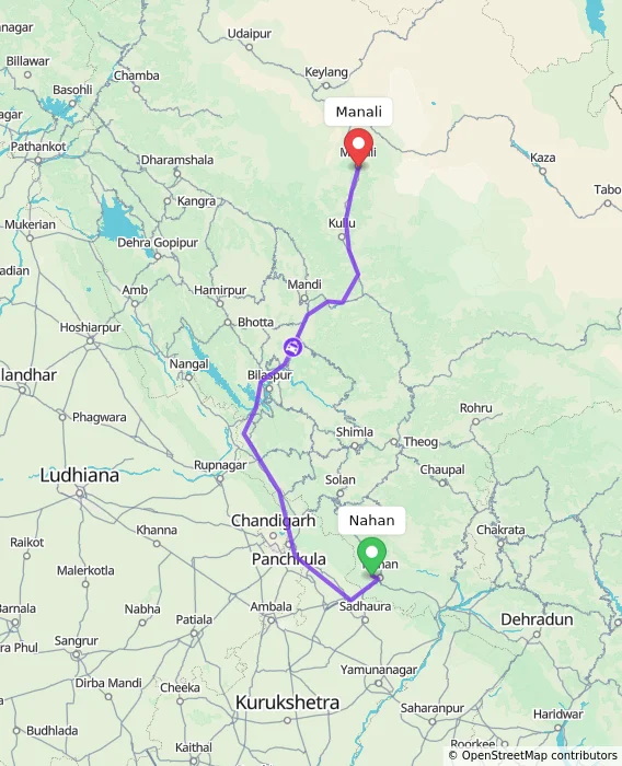 Route map showing distance and travel time from Nahan, India to Manali, India