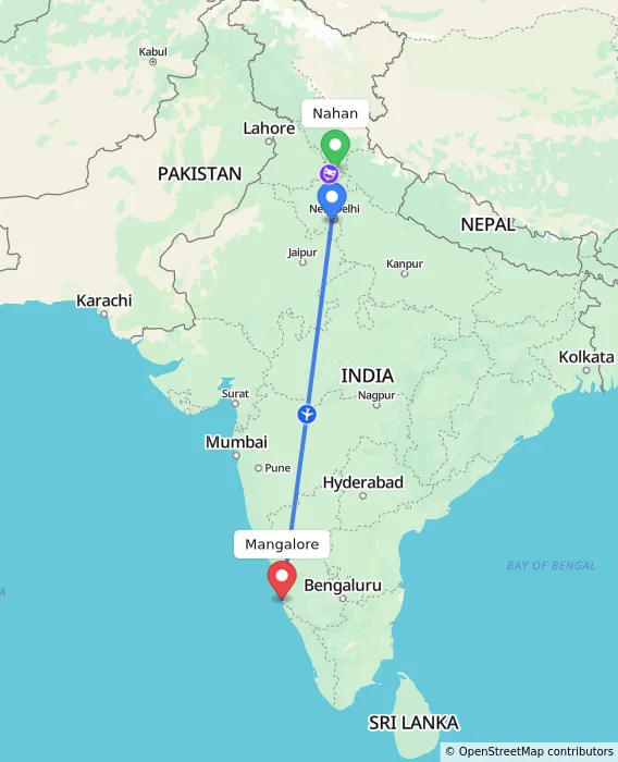 Route map showing distance and travel time from Nahan, India to Mangalore, India