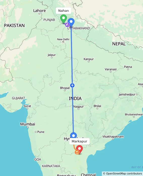 Route map showing distance and travel time from Nahan, India to Markapur, India