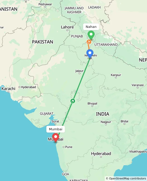 Route map showing distance and travel time from Nahan, India to Mumbai, India