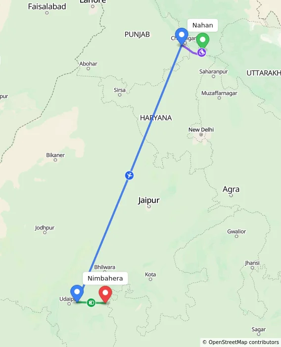 Route map showing distance and travel time from Nahan, India to Nimbahera, India