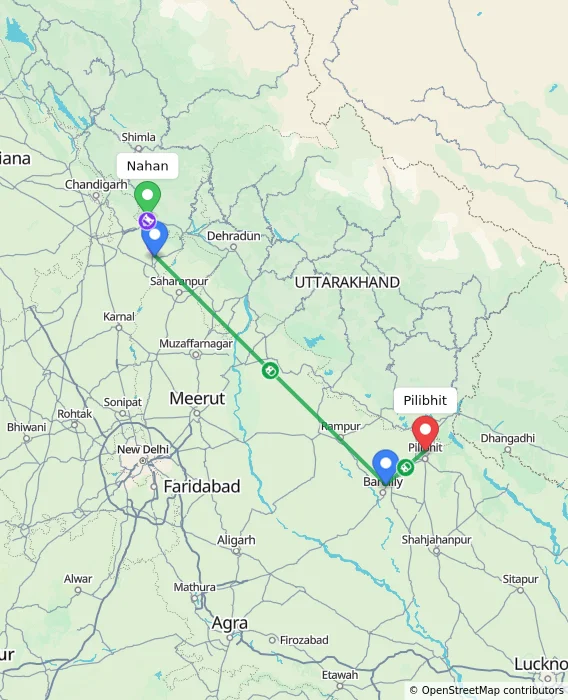 Route map showing distance and travel time from Nahan, India to Pilibhit, India