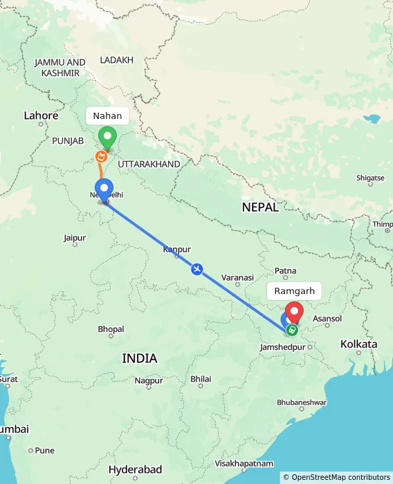 Route map showing distance and travel time from Nahan, India to Ramgarh, India