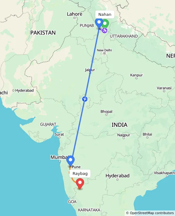Route map showing distance and travel time from Nahan, India to Raybag, India