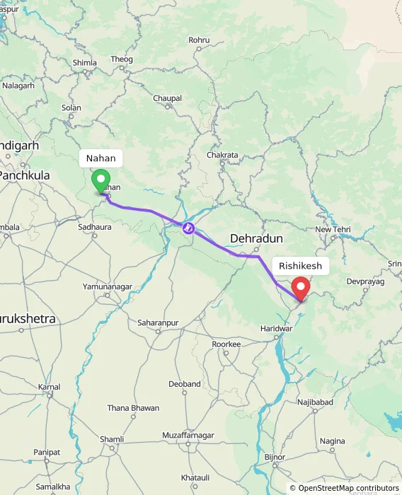 Route map showing distance and travel time from Nahan, India to Rishikesh, India