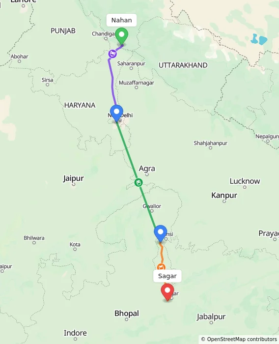 Route map showing distance and travel time from Nahan, India to Sagar, India