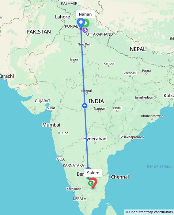 Route map showing distance and travel time from Nahan, India to Salem, India