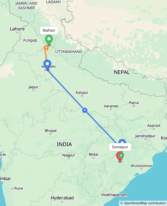 Route map showing distance and travel time from Nahan, India to Sonepur, India