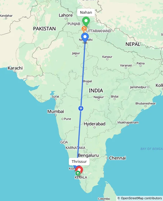 Route map showing distance and travel time from Nahan, India to Thrissur, India