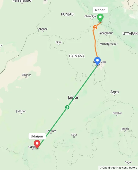 Route map showing distance and travel time from Nahan, India to Udaipur, India