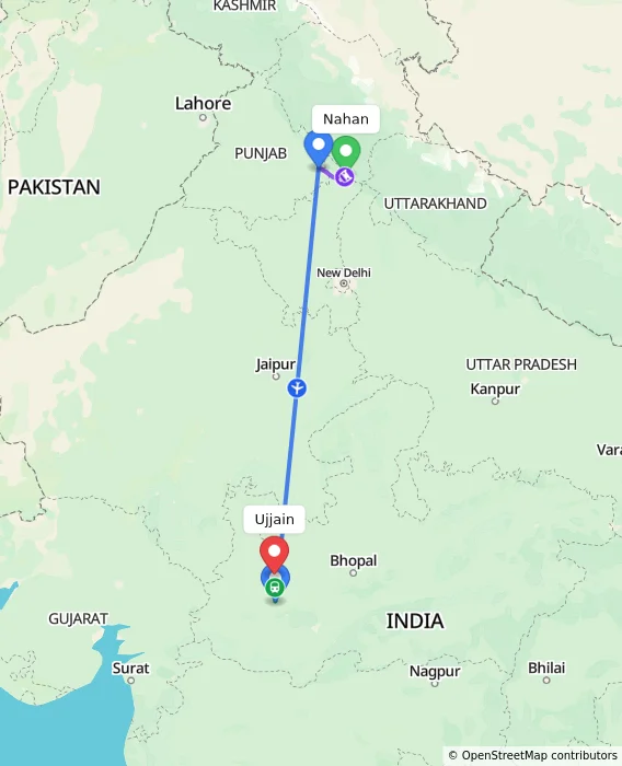 Route map showing distance and travel time from Nahan, India to Ujjain, India