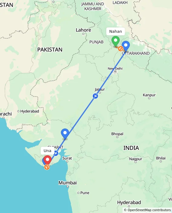 Route map showing distance and travel time from Nahan, India to Una, India