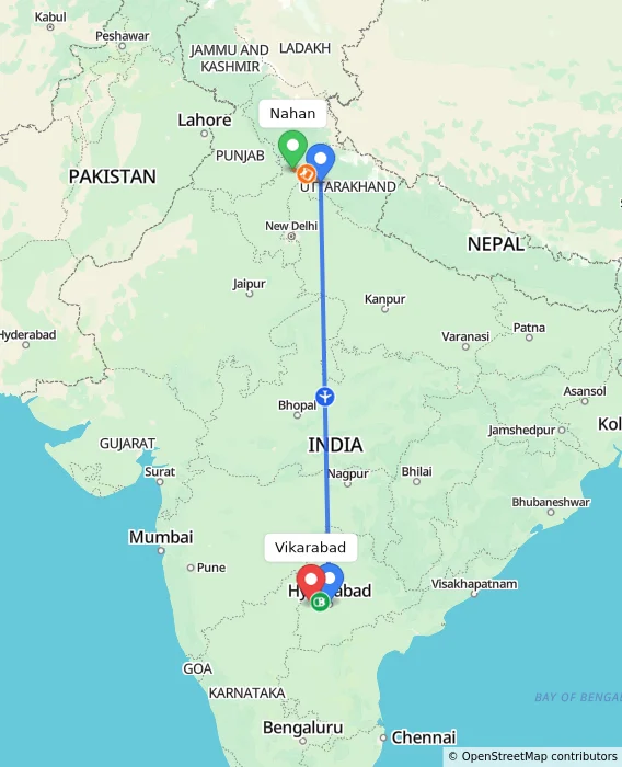 Route map showing distance and travel time from Nahan, India to Vikarabad, India