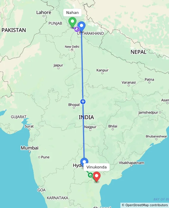 Route map showing distance and travel time from Nahan, India to Vinukonda, India