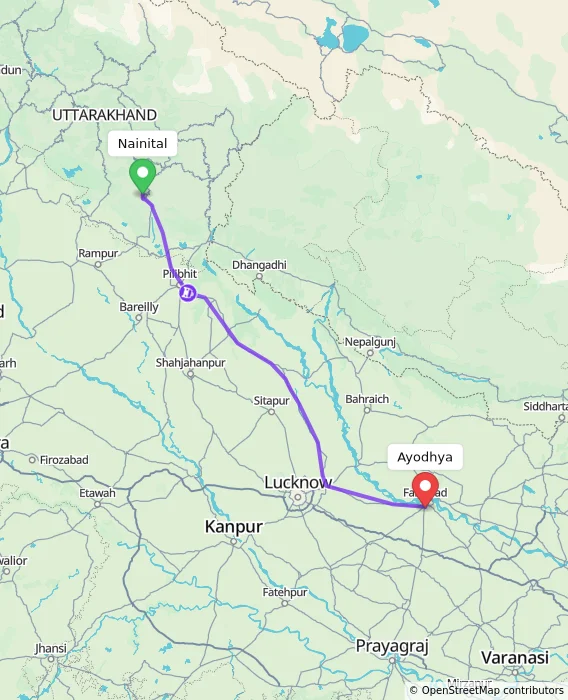 Route map showing distance and travel time from Nainital, India to Ayodhya, India