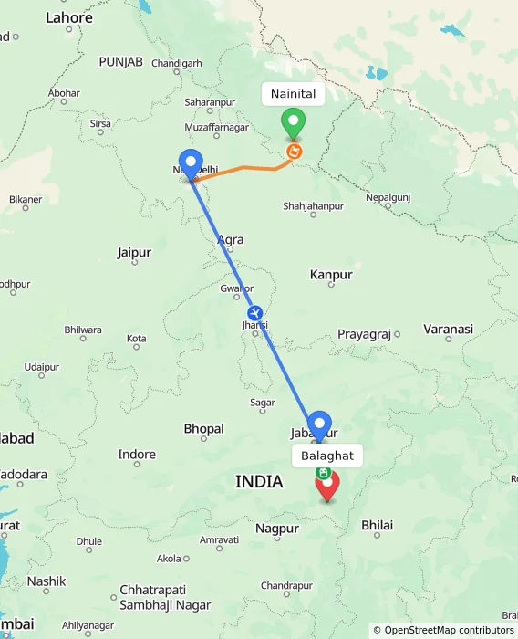 Route map showing distance and travel time from Nainital, India to Balaghat, India