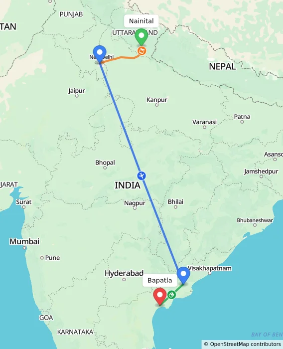 Route map showing distance and travel time from Nainital, India to Bapatla, India