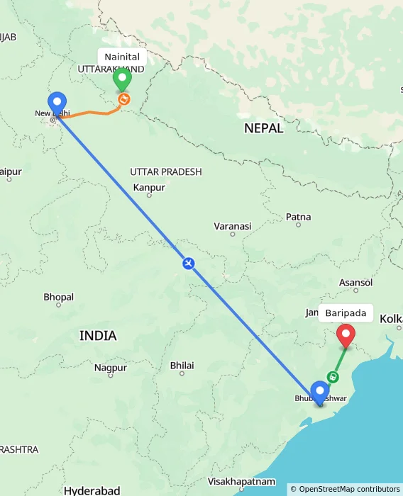 Route map showing distance and travel time from Nainital, India to Baripada, India