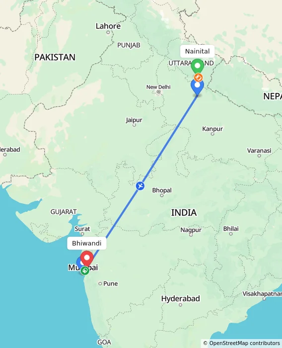 Route map showing distance and travel time from Nainital, India to Bhiwandi, India