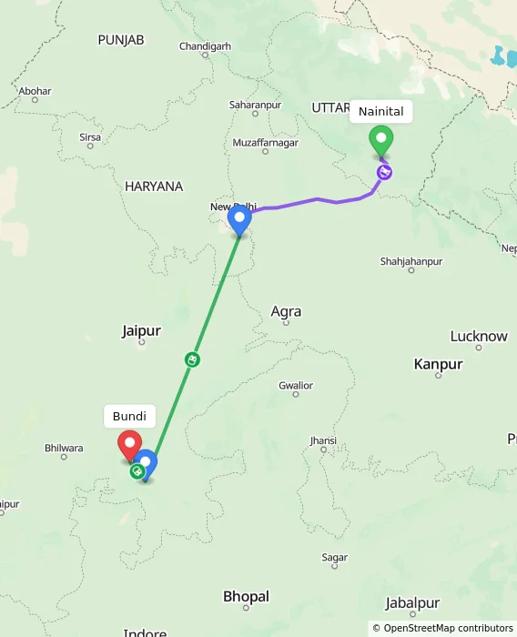 Route map showing distance and travel time from Nainital, India to Bundi, India