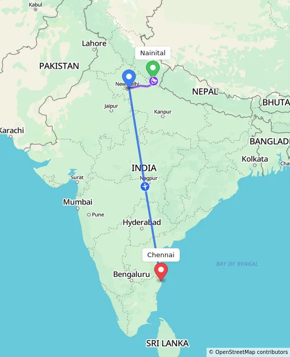 Route map showing distance and travel time from Nainital, India to Chennai, India