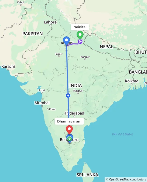 Route map showing distance and travel time from Nainital, India to Dharmavaram, India