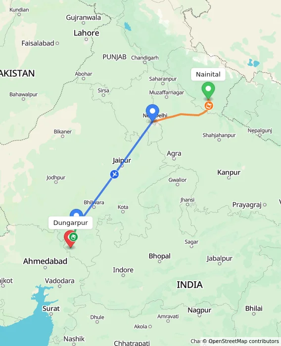 Route map showing distance and travel time from Nainital, India to Dungarpur, India