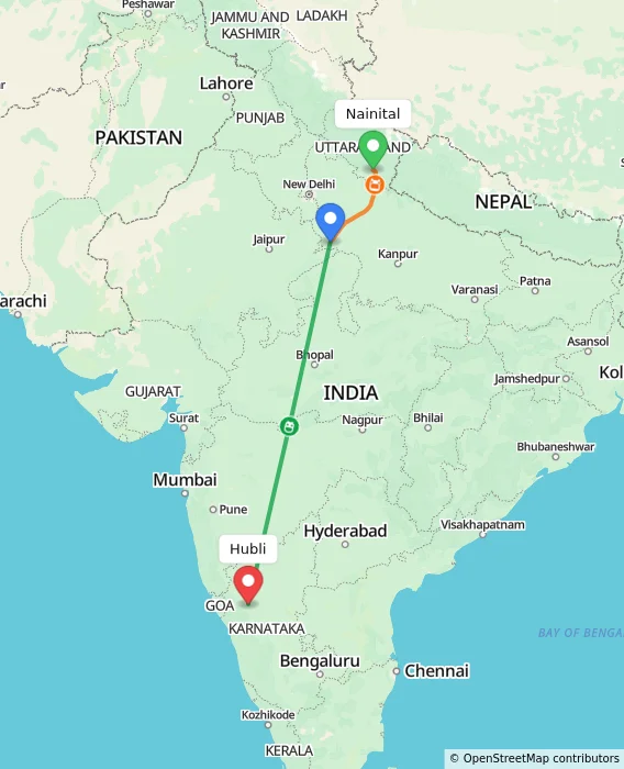 Route map showing distance and travel time from Nainital, India to Hubli, India