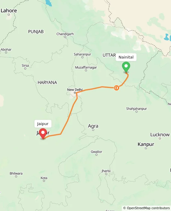 Route map showing distance and travel time from Nainital, India to Jaipur, India