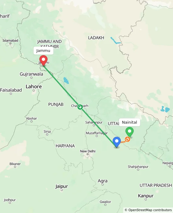 Route map showing distance and travel time from Nainital, India to Jammu, India
