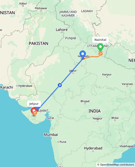 Route map showing distance and travel time from Nainital, India to Jetpur, India