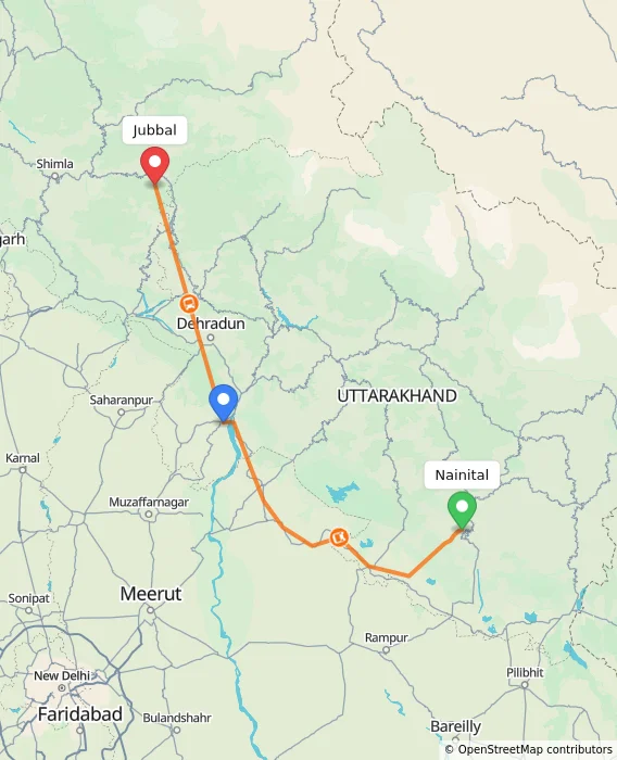 Route map showing distance and travel time from Nainital, India to Jubbal, India